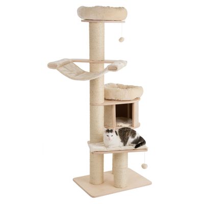 Cat tree with multiple levels, hammock, cave and resting areas. Beige plush padding, sisal posts. Cat lying on lower platform.