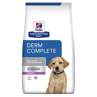Hill's Prescription Diet Derm Complete kutyatáp csomagolás, bal oldalon: ALLERGIES CUTANÉES ET ALIMENTAIRES felirat, jobb felső sarokban: ORIGINAL tál szimbólum