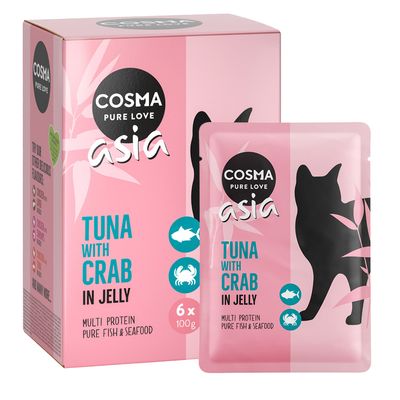 Cosma Asia karma dla kotów, tuńczyk z krabem w galarecie, multi-protein, czyste ryby i owoce morza.