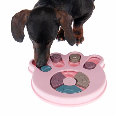 Perro juega con juguete de inteligencia rosa en forma de pata, compuesto por elementos móviles y compartimentos para golosinas.