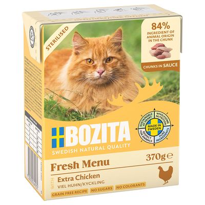 Bozita Fresh Menu nyúl szószban, 370g. 89% állati összetevő darabokban. Gabonamentes, cukormentes, színezék nélkül. Svédországban készült tiszta összetevőkből.