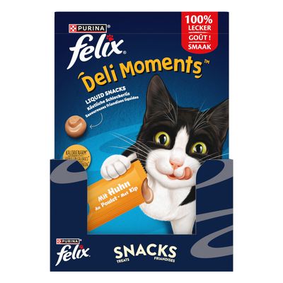 Purina Felix Deli Moments folyékony snack csirkével, alacsony kalóriatartalommal, finom falatok. A csomagoláson macska snackkel és '100% lecker' felirattal.