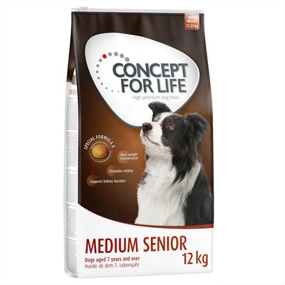 Concept for Life Medium Senior food with tailored size and age nutrition, developed with veterinarians and nutrition experts. Renal function support and vitality support highlighted.
