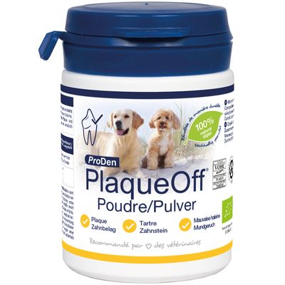 ProDen PlaqueOff Powder, 100% természetes, csökkenti a lepedéket, megelőzi a fogkövet, kezeli a szájszagot. Állatorvosok ajánlásával a jó fogegészségért.