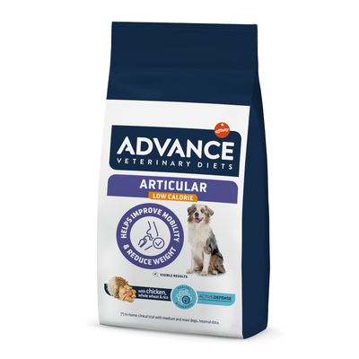 Advance Veterinary Diets Articular Low Calorie. Pomaga poprawić mobilność i zmniejszyć wagę. Z kurczakiem, pełnoziarnistą pszenicą i ryżem. Active Defense dla widocznych rezultatów.