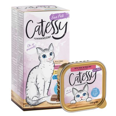 Catessy Fine Paté, 800 g-os doboz és 100 g-os tálka. Fajták: borjú és szárnyas, pulyka, marha. Hozzáadott cukor nélkül. Macska illusztráció a csomagoláson.