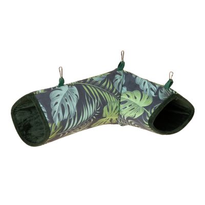 Túnel colgante con estampado de hojas tropicales, borde verde oscuro y clips metálicos para fijación.