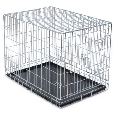 Fém ketrec rácsos oldalakkal és kivehető fekete műanyag tálcával, háziállatok számára alkalmas. Téglalap alakú, két ajtóval és biztonsági zárral.