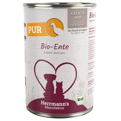 Herrmann's Manufaktur Bio-kacsa, Kreativ Mix kutyáknak és macskáknak. Kiegészítő eledel, 100% bio összetevők, állatkísérlet-mentes. Bio-jelzés látható.
