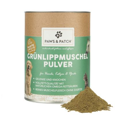 Paws & Patch zöldkagylópor kutyáknak, macskáknak és lovaknak. Műanyagmentes csomagolás, ízületek és csontok, teljes zsírtartalmú, omega zsírsavakkal, tiszta kagylóhús adalék nélkül.