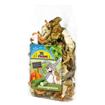 JR Farm Sonnengemüse, frisch vom Hof, mit vielen Vitaminen. Verpackung zeigt Kürbis und Zucchini sowie Cartoon-Hase und Meerschweinchen.