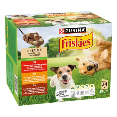 Purina Friskies nedves eledel kutyáknak, 24 x 85 g, fajták: marha burgonyával, csirke répával, bárány répával. Színezék nélkül, 5 minőségi ígéret.