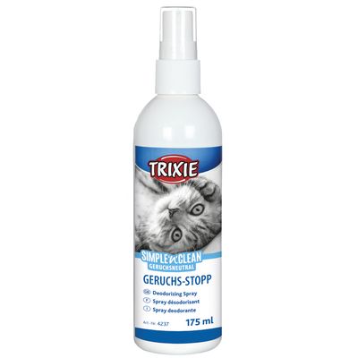 Trixie Simple Clean szagstop permet, 750 ml. Termékkép macskával és szageltávolító tulajdonságra utalással.