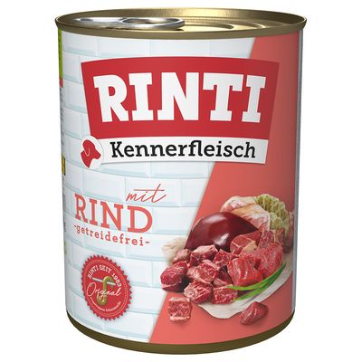 Rinti Kennerfleisch mit Rind, getreidefrei. Dose mit Abbildung von Fleischstücken und Siegel 'Rinti seit 1983 Original'.