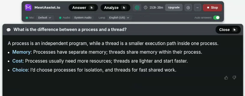 MeetAssist desktop app answering an interview question