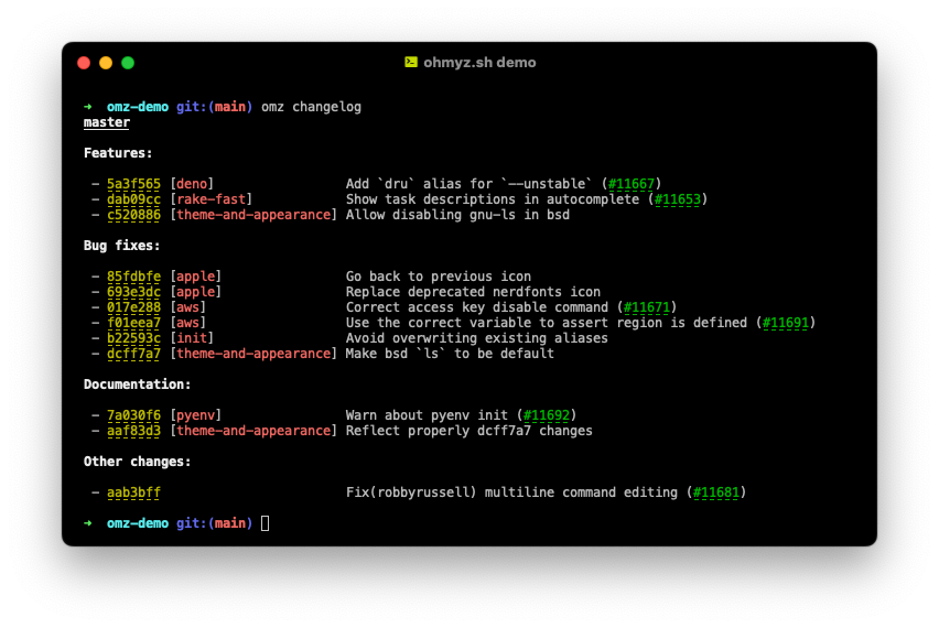 Built-in Oh My Zsh CHANGELOG