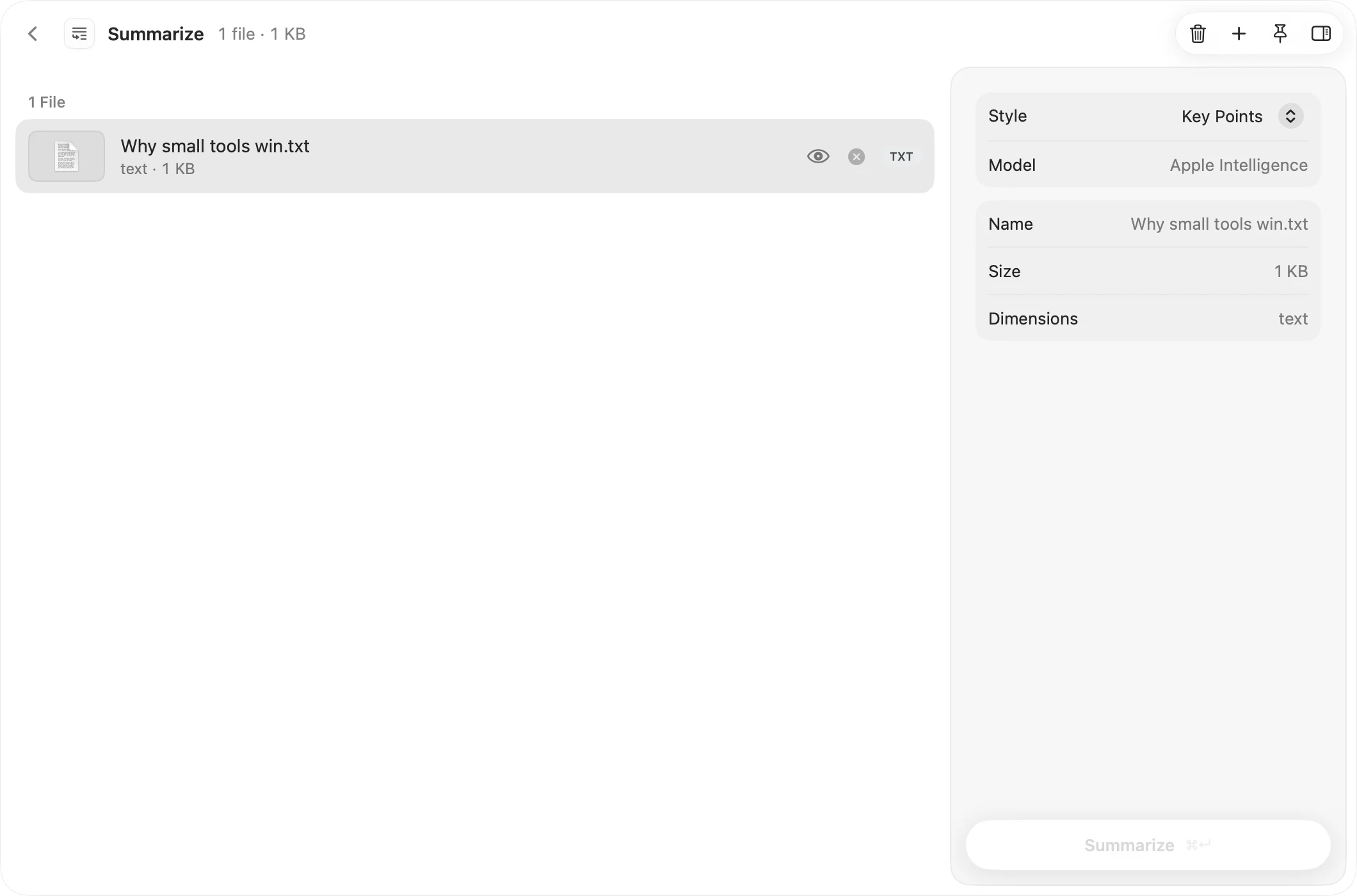 Summarize open in OneMacApp, with its settings in the inspector.