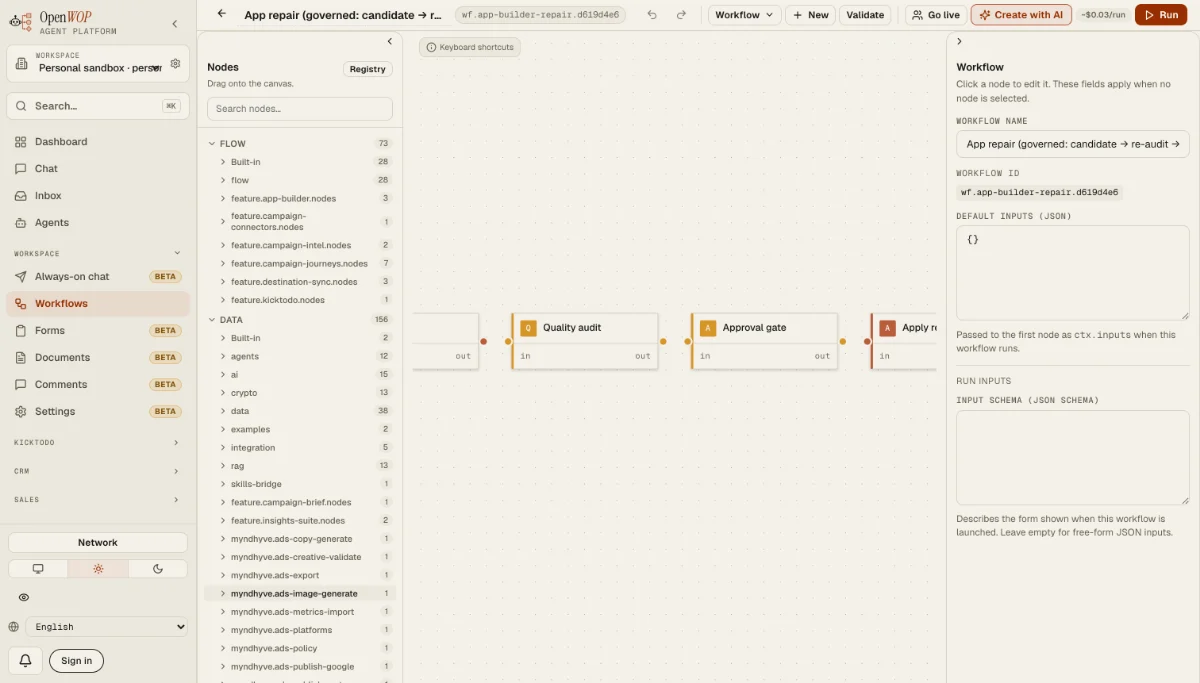 The OpenWOP app's workflow builder: a canvas of connected steps with a run panel alongside.