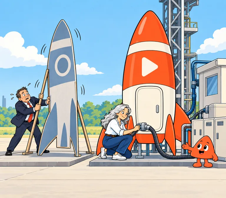 A man in a suit props up a rocket that is only a painted front. Beside it, Play presents a real rocket on a working launch pad.