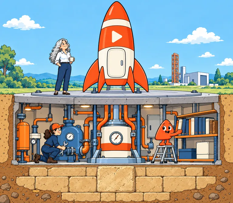 A cutaway of a launch pad: a rocket on top, an engine room below where Play and a crew member work, and old foundation stones under it all.