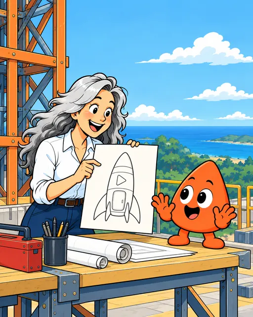 A woman shows Play a pencil sketch of her rocket.