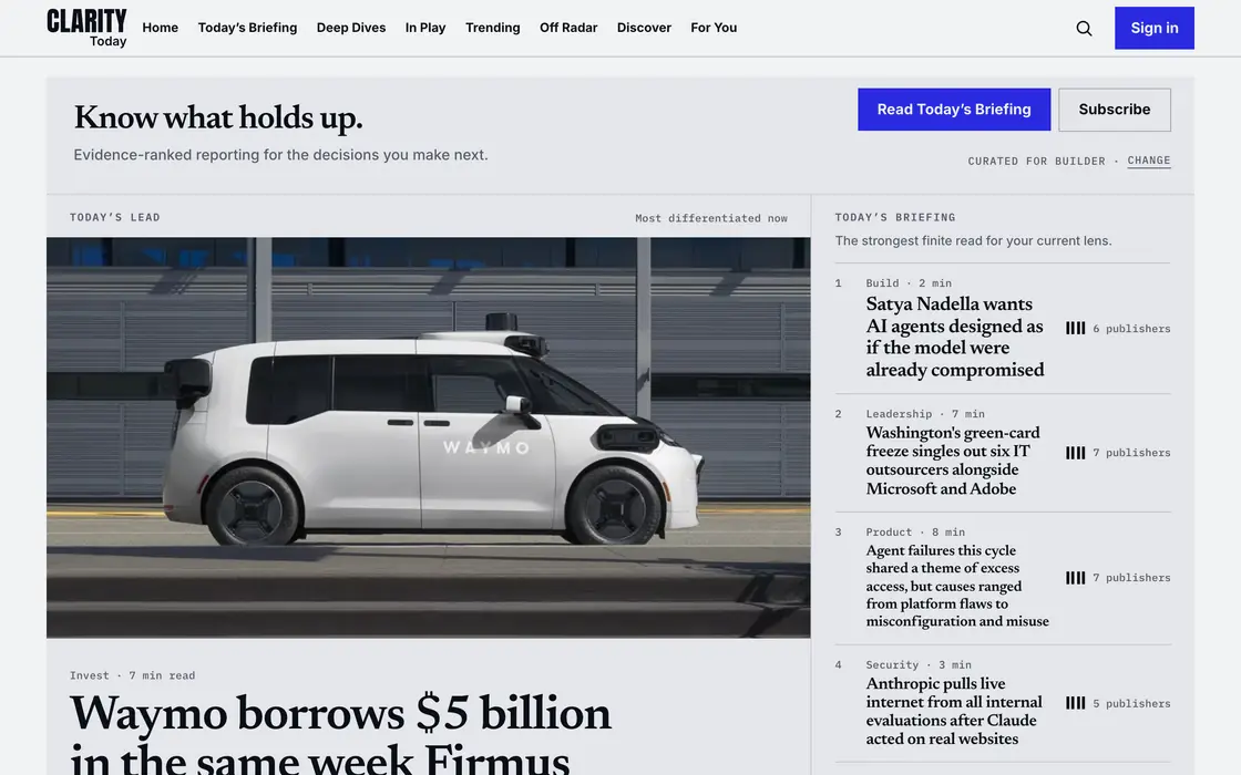Clarity Today’s front page: today’s lead story and the ranked briefing, each item marked with how many publishers confirm it.