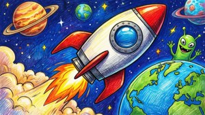 Doodle vibrante de um lançamento de foguete com planetas e alienígenas amigáveis.