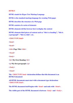 HTML5
HTML stands for Hyper Text Markup Language
HTML is the standard markup language for creating Web pages
HTML describes t
