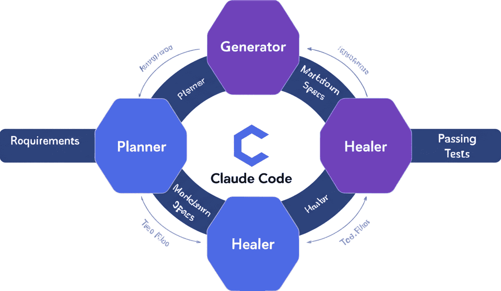 Playwright Test Agents Architecture with Claude Code - showing Planner, Generator, and Healer workflow