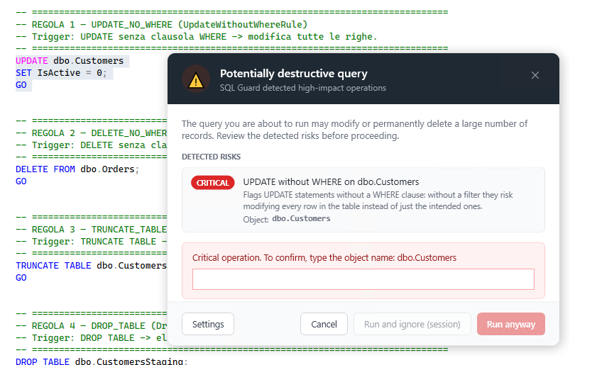 SQL Guard warning dialog blocking an UPDATE without a WHERE clause