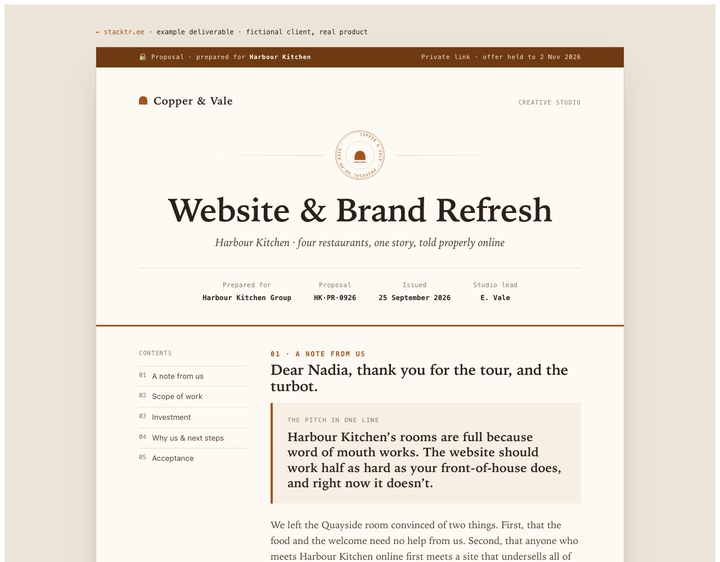 Client proposal example: Copper and Vale document with phase timeline and investment table