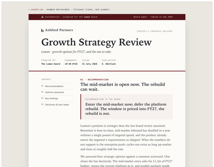 Growth strategy review example: Ashford document with three-horizons roadmap