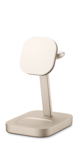 mophie 3-in-1 Wireless Charge Stand、前面の外観、カラーはシャンパン、丸みを帯びた角。下部のスタンドにAirPodsケース用、手前にiPhone用、奥にApple Watch用の充電エリア