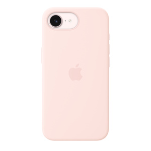 ソフトピンクのMagSafe対応iPhone 17eシリコーンケース、背面の外観。中央にAppleのロゴ。ソフトピンクのiPhone 17eに取りつけられており、開口部からカメラが見える