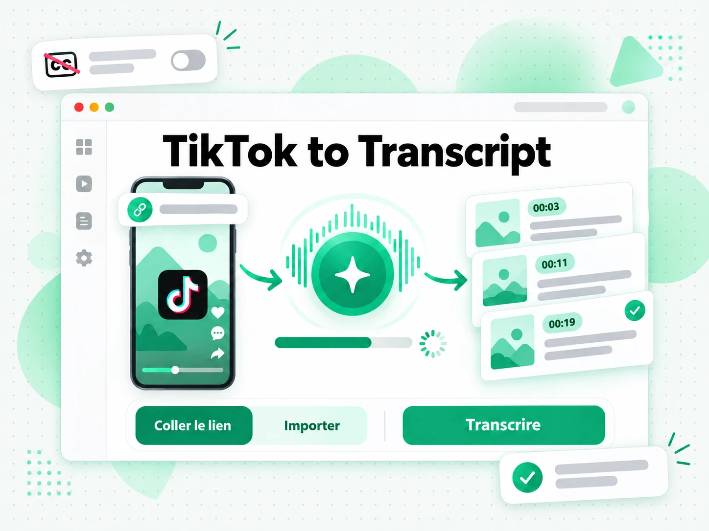 TikTok en transcription : l'IA transcrit l'audio d'une vidéo TikTok en transcription horodatée