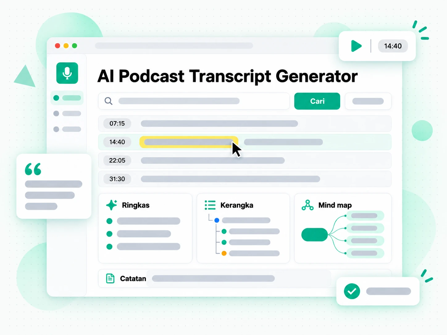 Transkrip podcast dengan AI: catatan podcast, kerangka, dan peta konsep dari transkrip
