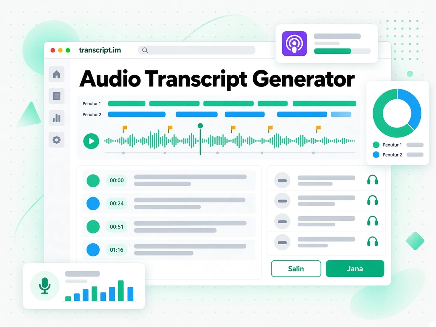 Penjana transkrip audio menukar fail audio yang dimuat naik atau pautan yang ditampal kepada transkrip bertimestamp