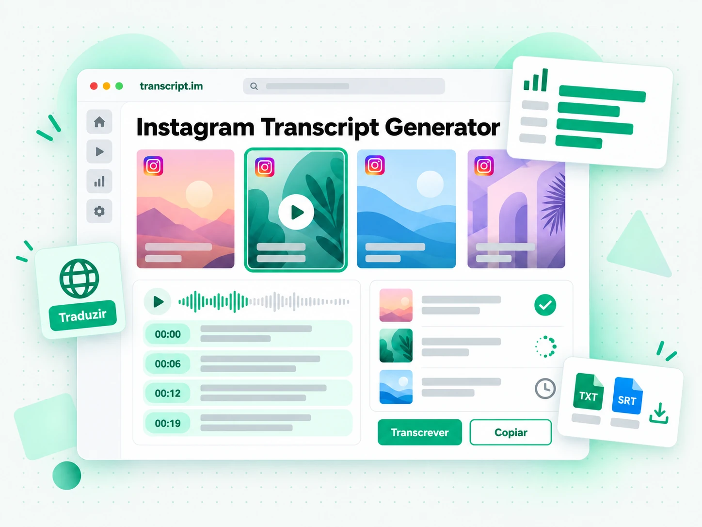 Instagram Transcript Generator do Instagram gerando uma transcrição com marcas de tempo
