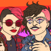 bodyetal: A digital drawing of TW (left) and Crow& (right). Both are pale Latines with short hair. TW is scowling and has a dyed-red undercut, red mirror shades, a red flannel, and a golden Magen David. Crow& is grinning and has a curly brown mohawk with pink shaved sides, a decorated denim jacket, & glasses. (twins)