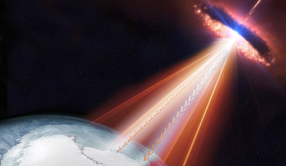 A supermassive black hole emitting neutrinos and gamma rays. The top right of the image shows a bright object, which is the black hole, surrounded by a disc of black and orange gas and dust. An orange beam shoots toward a planet at the bottom left of the image. The beam contains lambda and gamma symbols.