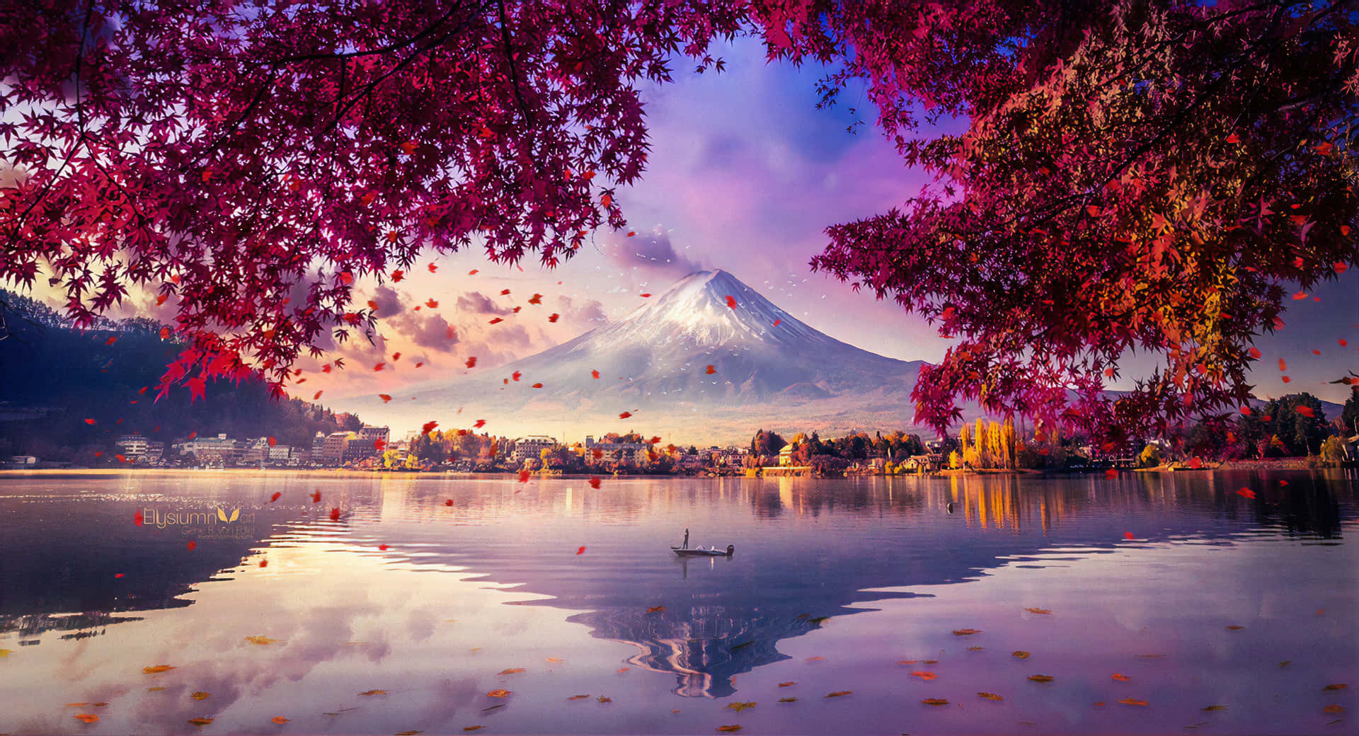 Monte Fuji coberto de neve refletido em um lago emoldurado por folhas vermelhas caindo. — Lago Papéis de Parede