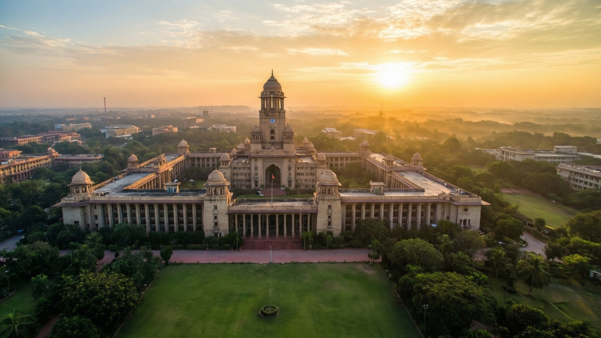 A stunning aerial perspective of AIIMS campus bathed in morning light. wallpaper