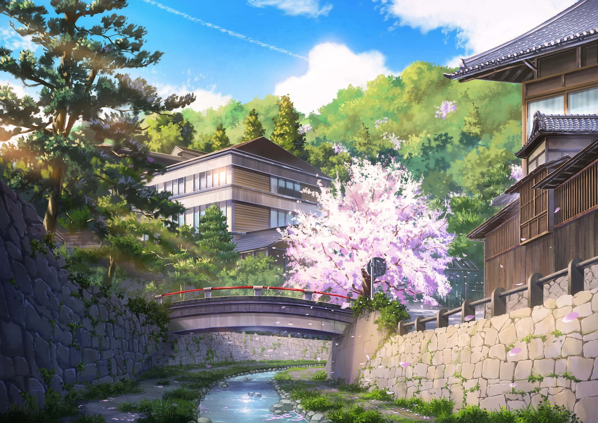 Kersenbloesembomen bloeien naast een stenen brug over een beek in een traditioneel Japans dorp bij zonsondergang. — Anime Scenery Achtergronden