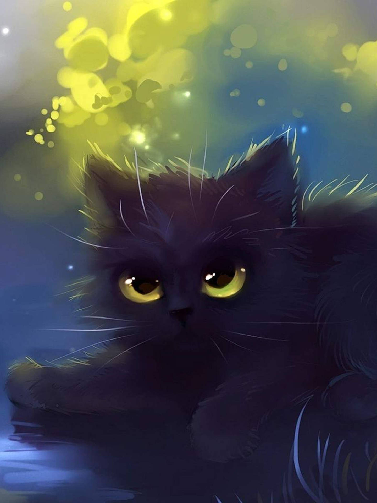 Um gato preto com olhos brilhantes emerge da água escura sob luzes coloridas.