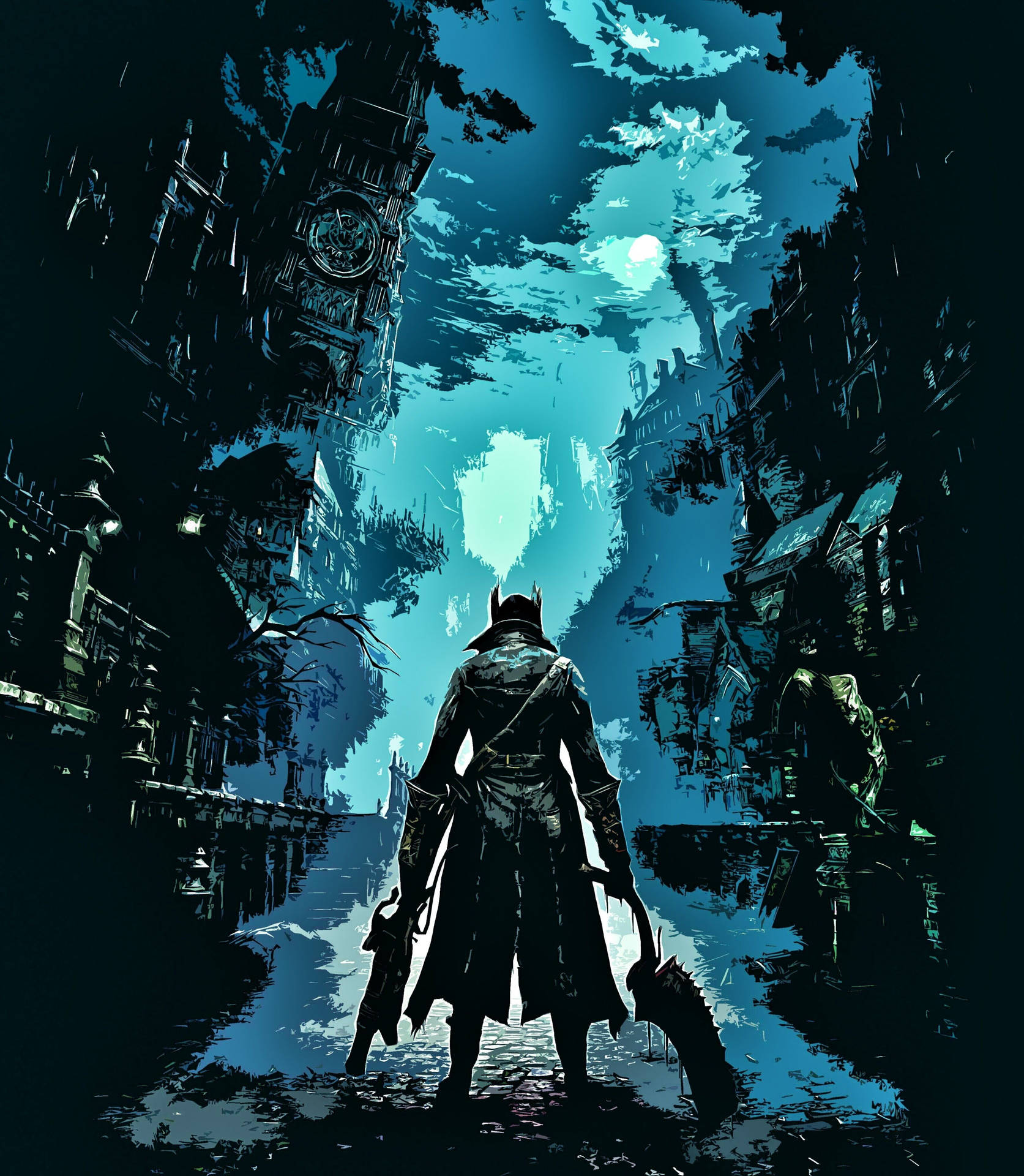 Jagt det antikke onde - Vær jægeren og besejr dine fjender i den blå udgave af Bloodborne Wallpaper