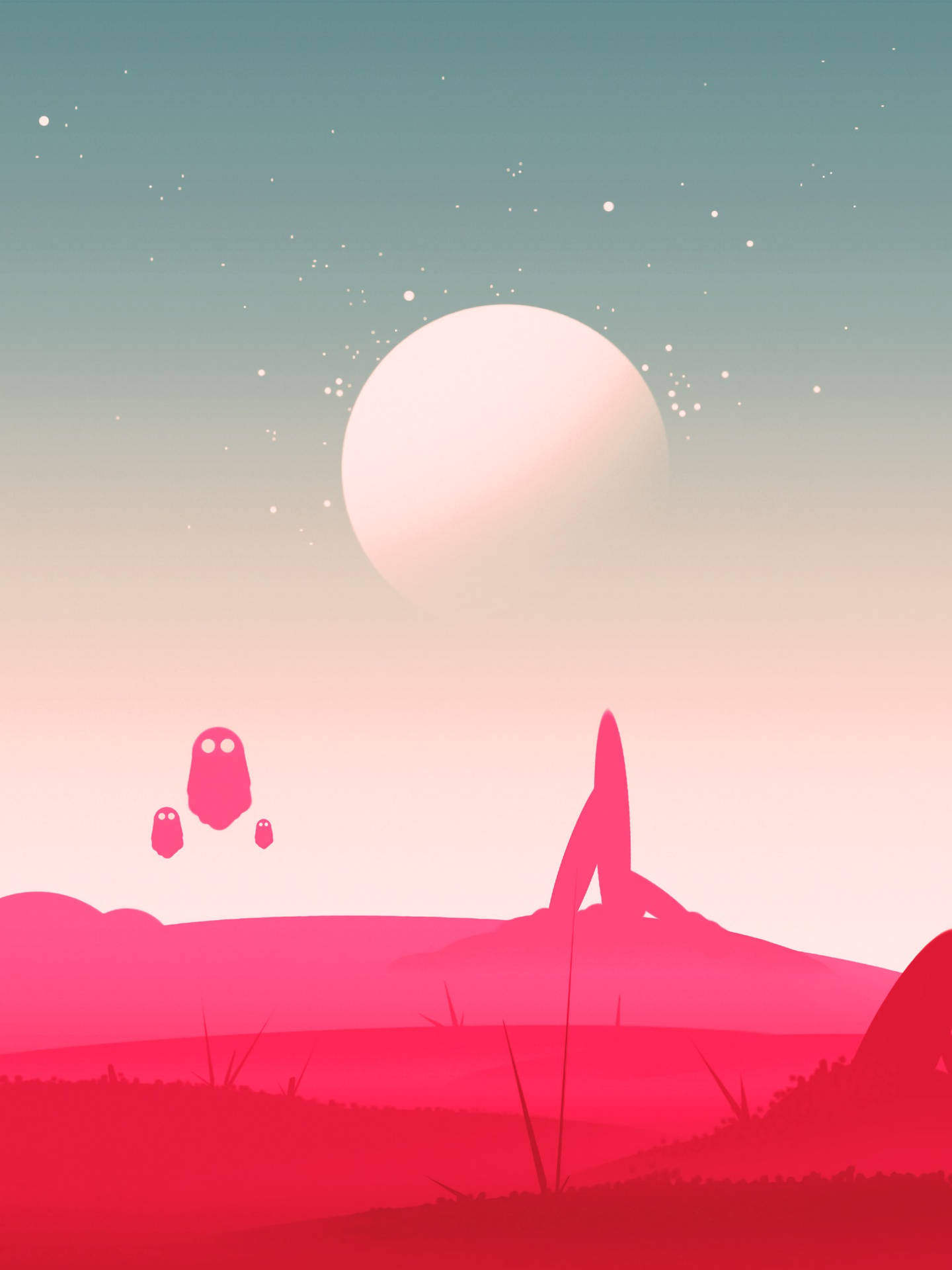 Figuras alienígenas rosadas se ciernen sobre un planeta alienígena estilizado bajo un gran orbe brillante.