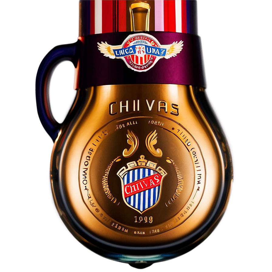 Gouden Chivas Regal whiskyfles met blauw handvat en rood-wit gestreepte dop met gevleugeld wapen.