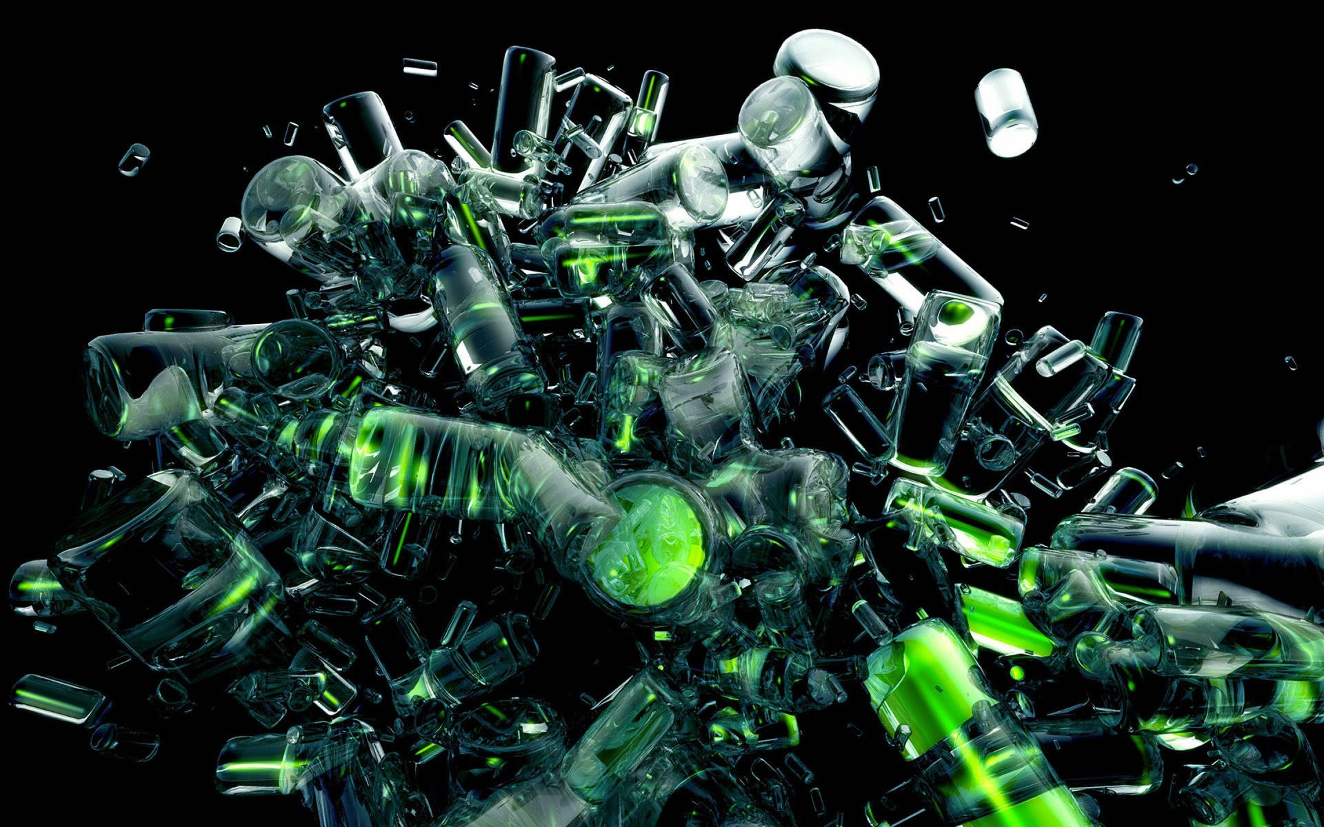 Botellas de vidrio verde rotas explotando en el aire contra un fondo negro.