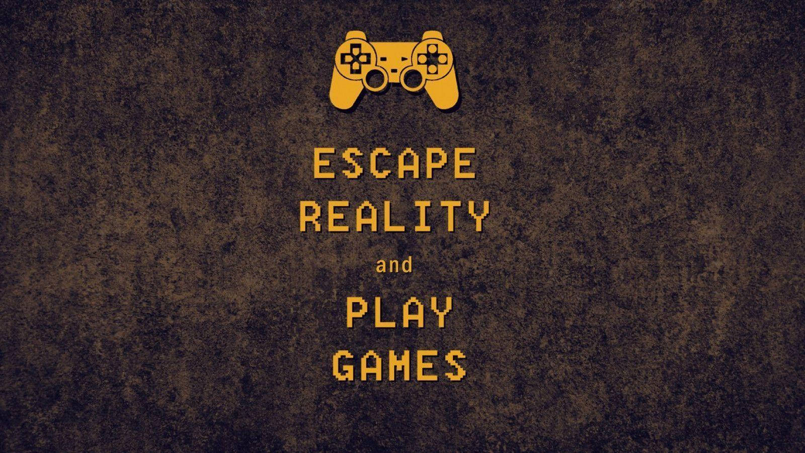 Controle de jogo pixelado e texto incentivando a escapar da realidade e jogar. — Gamer Papéis de Parede