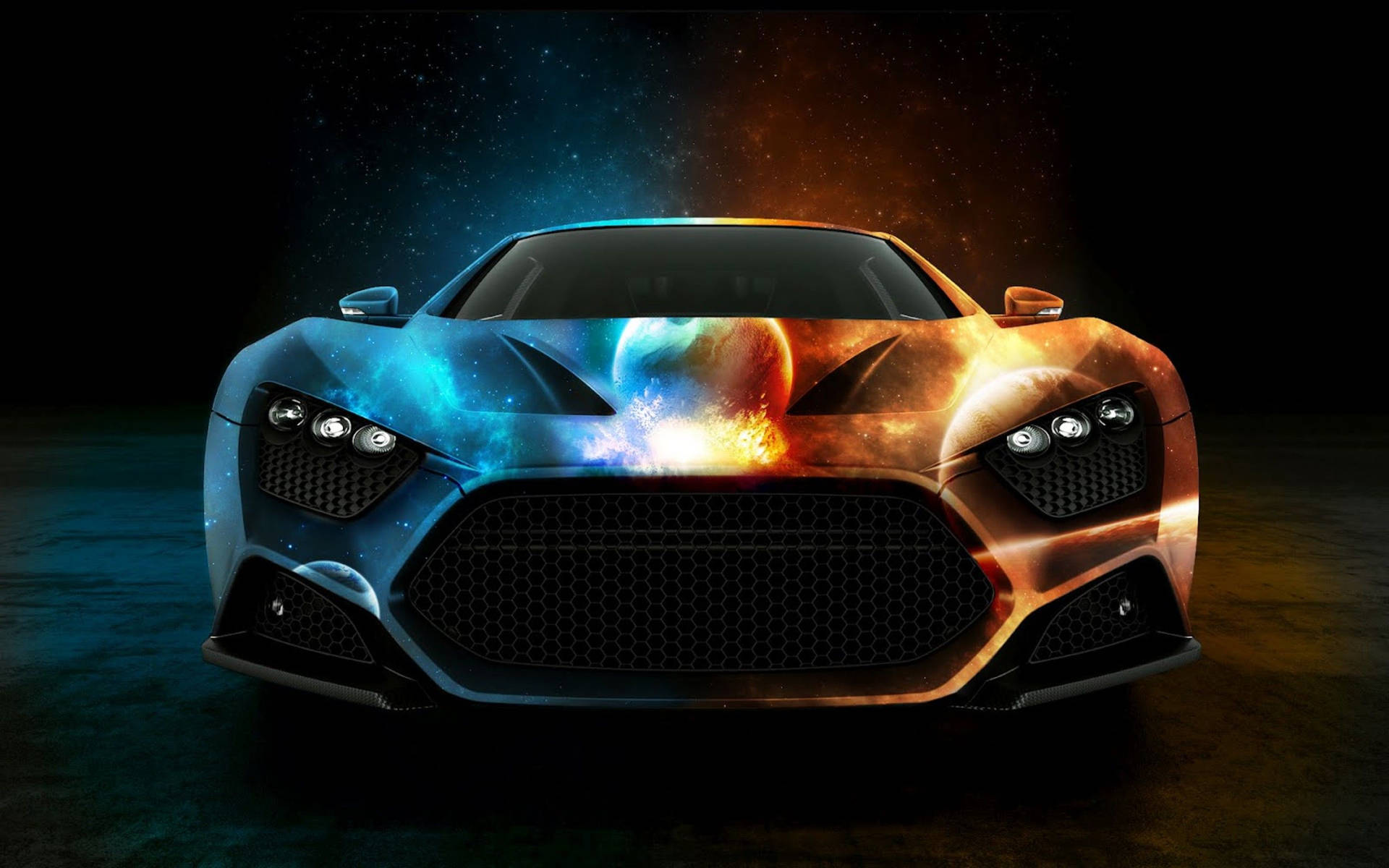 Voiture de sport futuriste avec un design de galaxie cosmique brillant dans l'espace sombre.